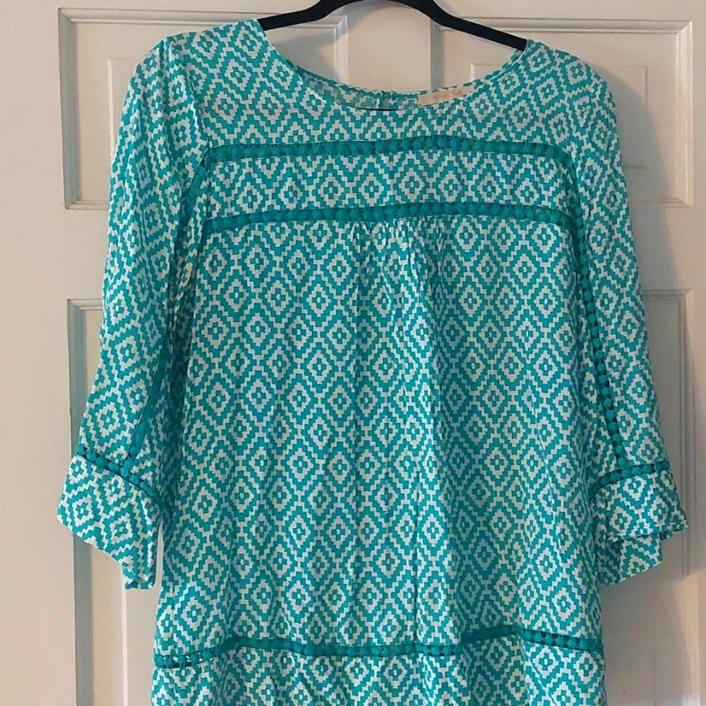 Skies Are Blue Green and White Patterned Blouse, medium